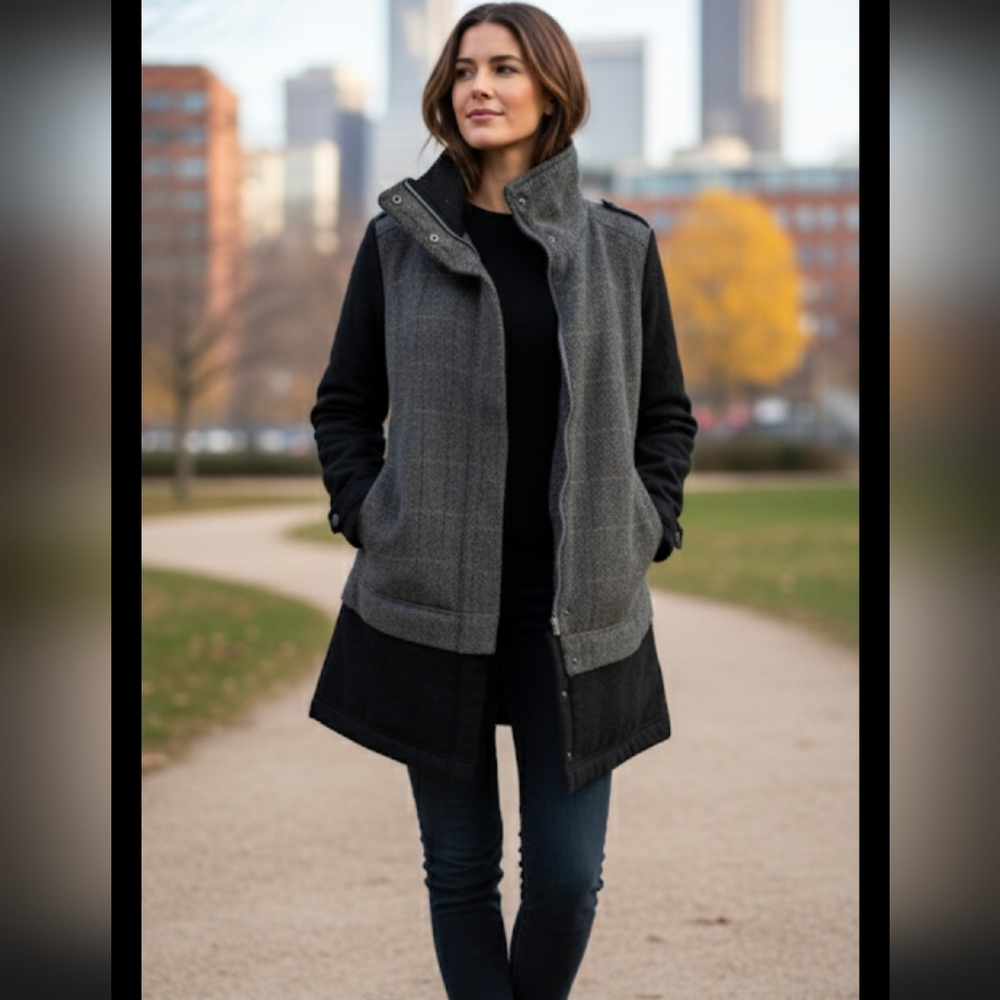 PRANA Caprise Convertible Jacket Wool Blend Herringbone High Collar M